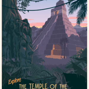 Vintage-style postcard illustration: Explore the Temple of the Laughing God, only at Spellbound Escapes in Mashantucket CT