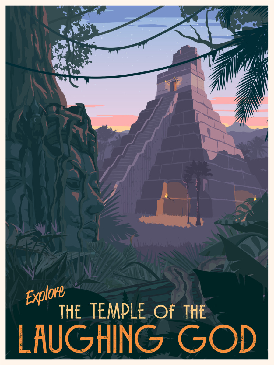 Vintage-style postcard illustration: Explore the Temple of the Laughing God at Spellbound Escapes - Escapes rooms and adventure games at the Tanger Outlets at Foxwoods, Mashantucket CT