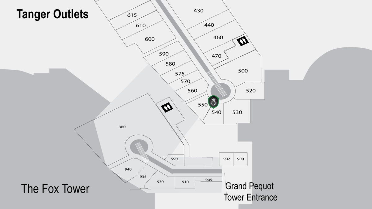 Black, white, and gray map showing Spellbound Escapes located in suite 540 in the Tanger Outlets at Foxwoods Resort and Casino