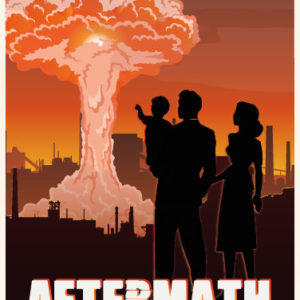 silhouette of a man, woman, and child watching an explosion, game art for spellbound escapes aftermath escape room game