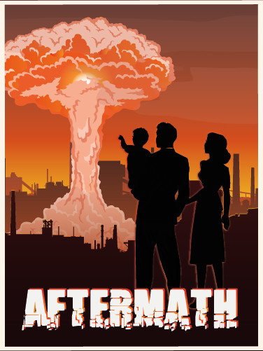silhouette of a man, woman, and child watching an explosion, game art for spellbound escapes aftermath escape room game