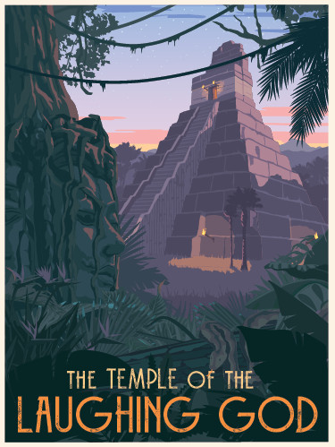 A mayan pyramid rises out of a jungle landscape in the game art for Spellbound Escapes Temple of the Laughing God escape room game art
