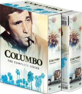 Peter Falk smoking a cigar on the cover of a 'Columbo' DVD box set.